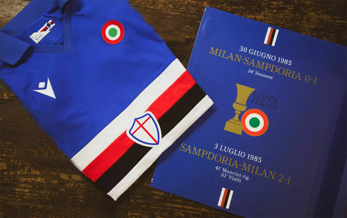 Sampdoria camisa especial 40 anos do título da Coppa Italia 1984-85